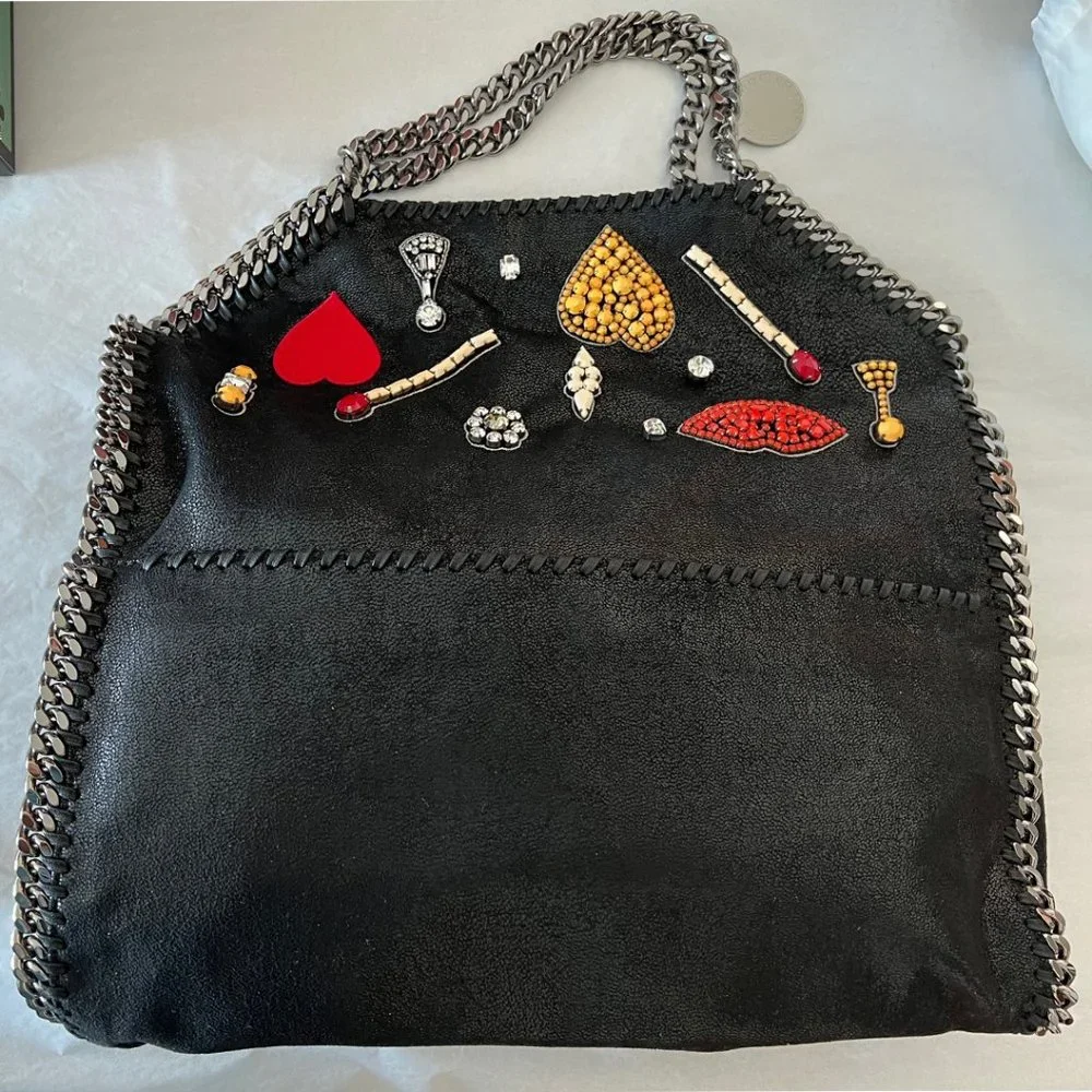 Stella Mccartney Falabella Heart Suede Embellished Tote Handbag Black Bag NEW - Picture 10 of 14